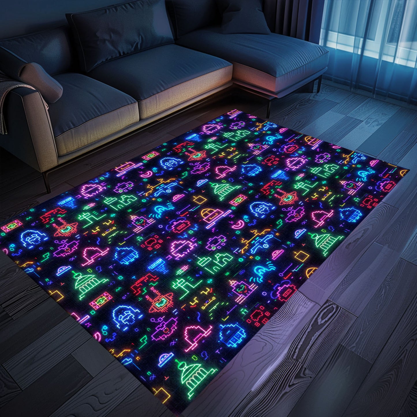 Spruce Up Your Living Room and Bedroom with Dark and Neon 80s Arcade NES Game 8bit Rugs, Arcade Decor, Gift for Gamers, Video Game Lovers G349