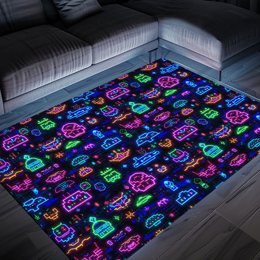 Dive into Retro Gaming Culture with Dark and Neon 80s Arcade NES Game 8bit Rugs, Arcade Decor, Gift for Gamers, Video Game Lovers G337