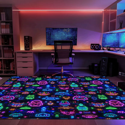 Dive into Retro Gaming Culture with Dark and Neon 80s Arcade NES Game 8bit Rugs, Arcade Decor, Gift for Gamers, Video Game Lovers G337