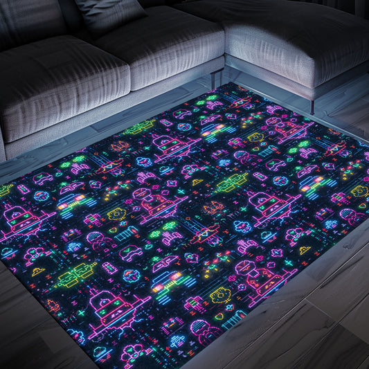 Dark and Neon 80s Arcade NES Game 8bit Rugs: Enhance Your Home Gaming Experience, Arcade Decor, Gift for Gamers, Video Game Lovers G336
