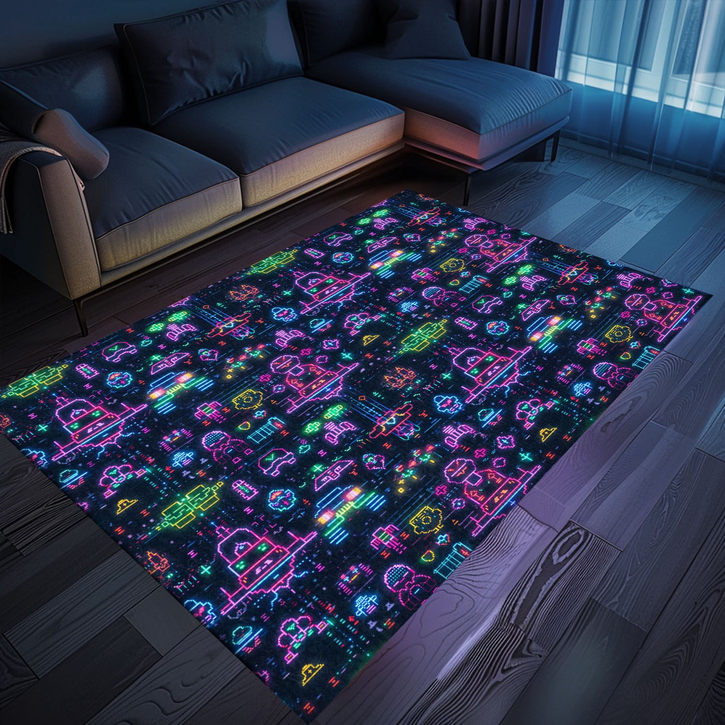 Dark and Neon 80s Arcade NES Game 8bit Rugs: Enhance Your Home Gaming Experience, Arcade Decor, Gift for Gamers, Video Game Lovers G336