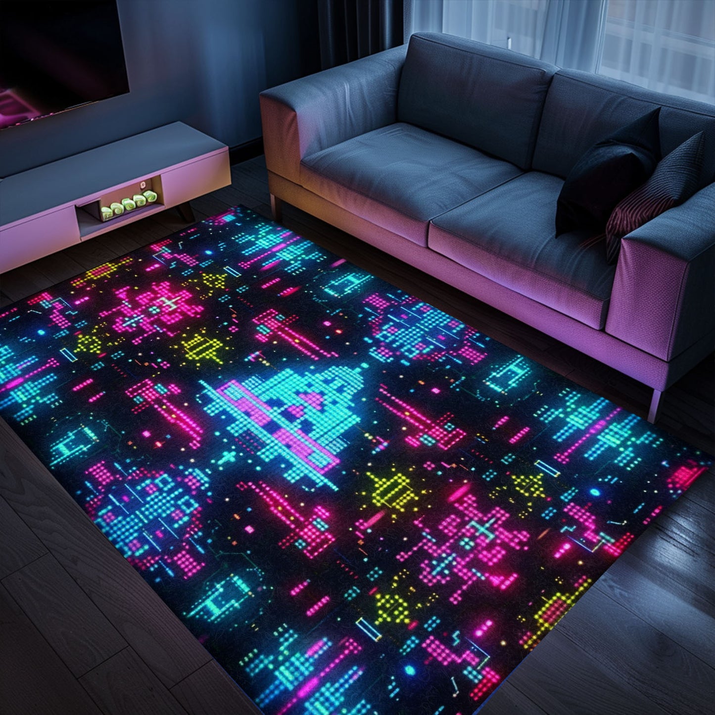Transform Your Living Space with Dark and Neon 80s Arcade NES Game 8bit Rugs for Gamers, Arcade Decor, Gift for Gamers, Video Game Lovers G333