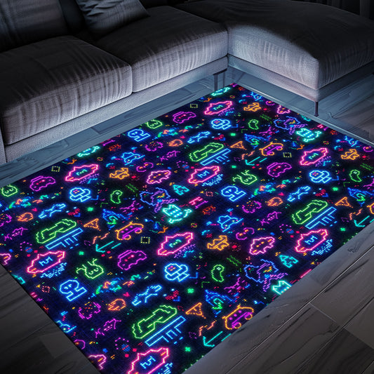 Elevate Your Décor with Dark and Neon 80s Arcade NES Game 8bit Rugs: Perfect for Any Space, Arcade Decor, Gift for Gamers, Video Game Lovers G331