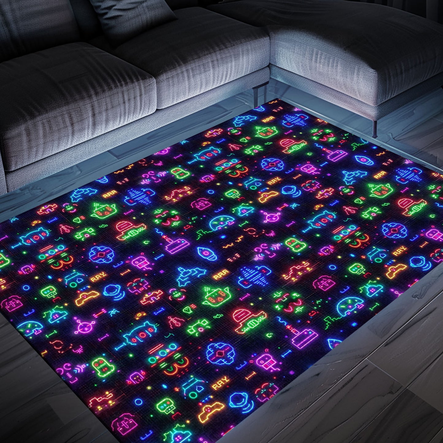 Dive into Gaming Nostalgia with Dark and Neon 80s Arcade NES Game 8bit Area Rug for Your Home, Arcade Decor, Gift for Gamers, Video Game Lovers G330