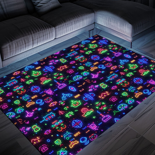 Dive into Gaming Nostalgia with Dark and Neon 80s Arcade NES Game 8bit Area Rug for Your Home, Arcade Decor, Gift for Gamers, Video Game Lovers G330