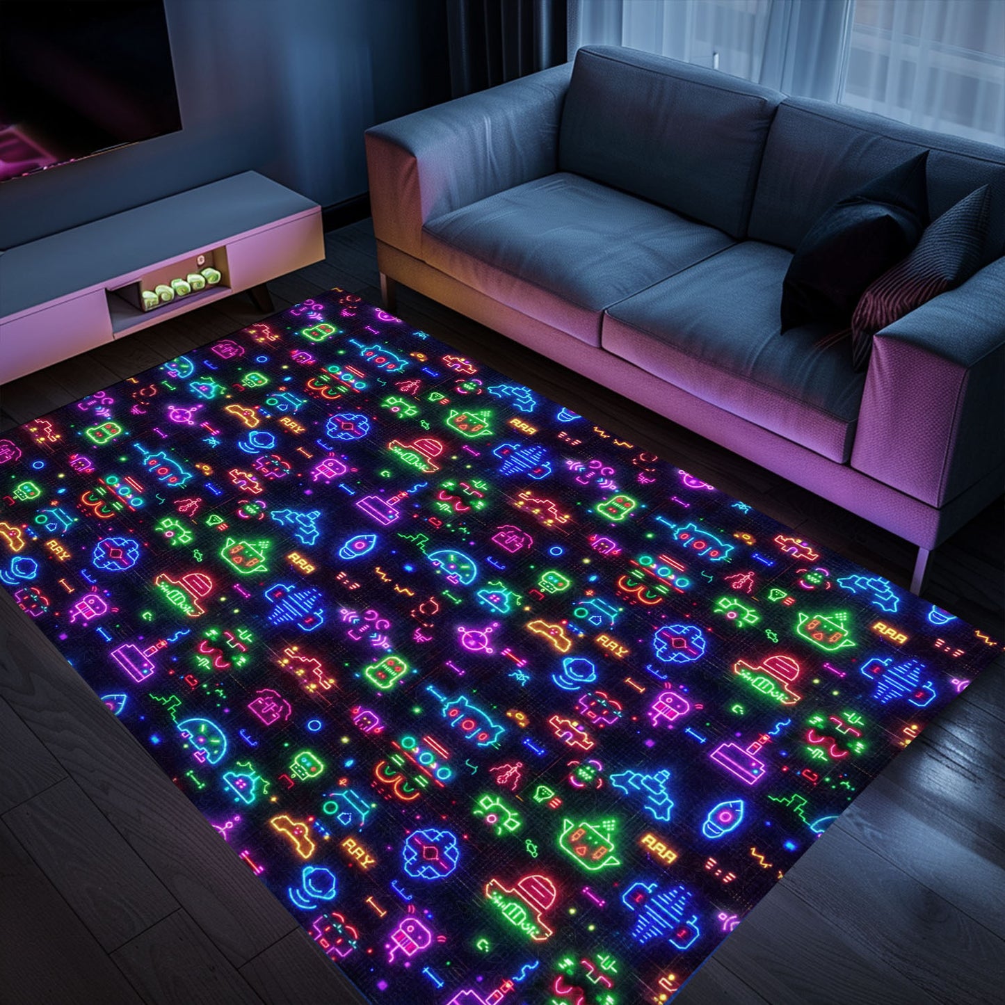 Dive into Gaming Nostalgia with Dark and Neon 80s Arcade NES Game 8bit Area Rug for Your Home, Arcade Decor, Gift for Gamers, Video Game Lovers G330