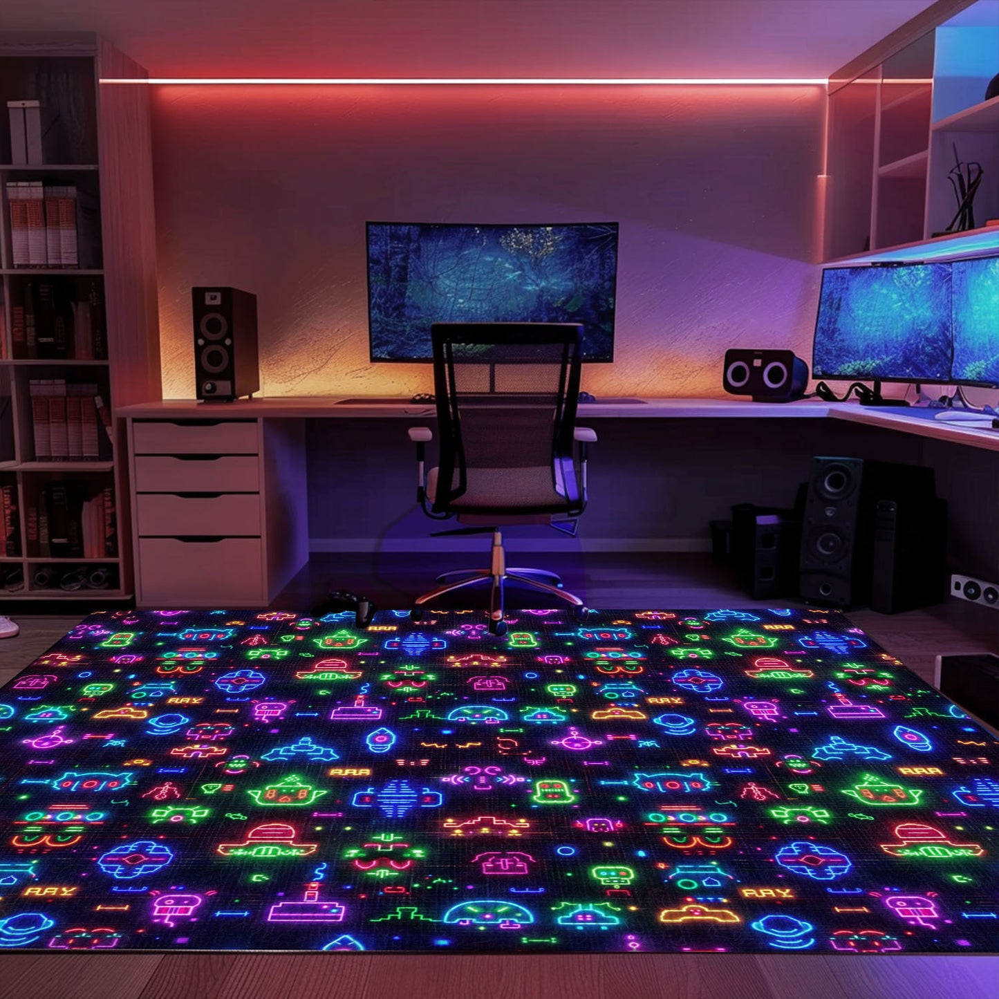 Dive into Gaming Nostalgia with Dark and Neon 80s Arcade NES Game 8bit Area Rug for Your Home, Arcade Decor, Gift for Gamers, Video Game Lovers G330