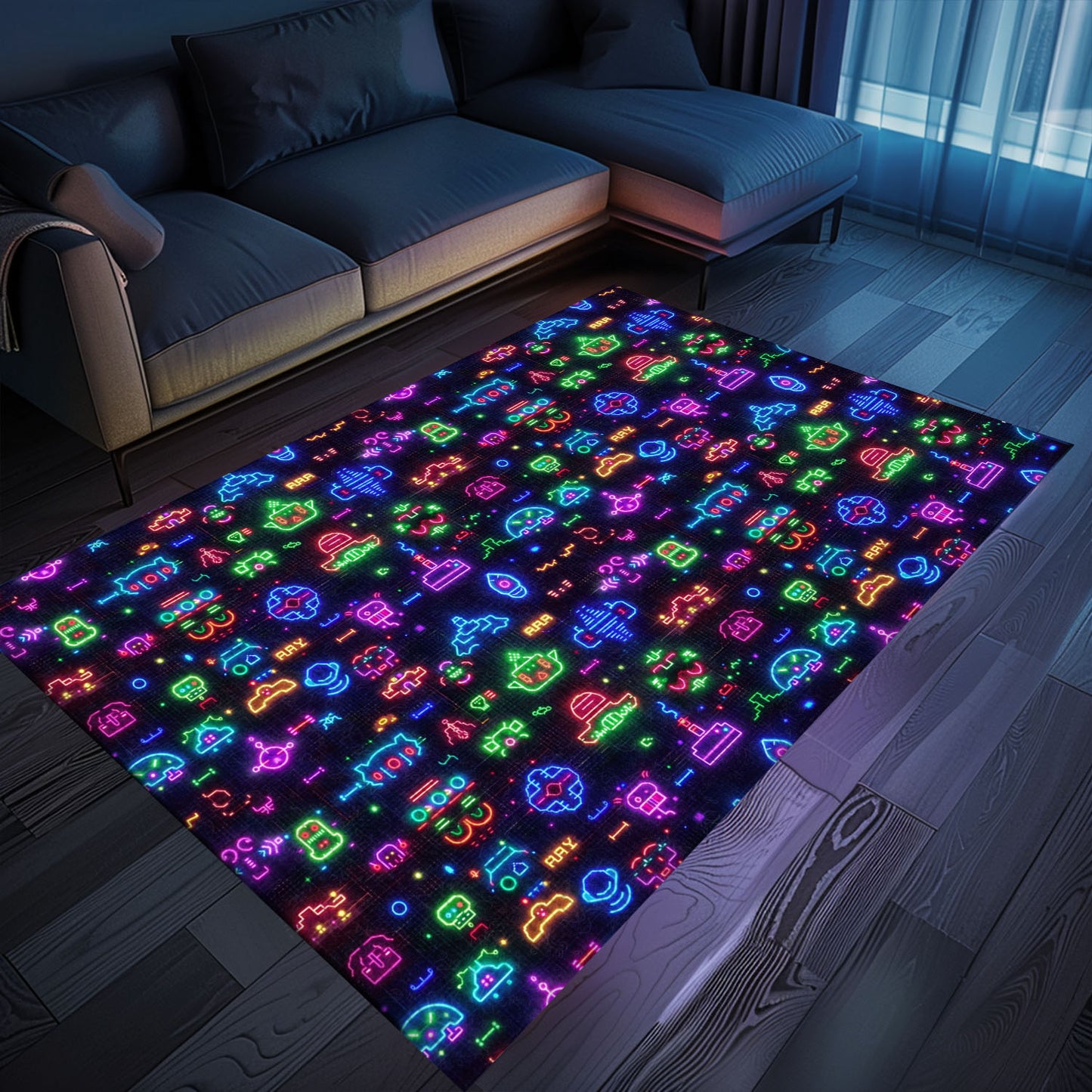 Dive into Gaming Nostalgia with Dark and Neon 80s Arcade NES Game 8bit Area Rug for Your Home, Arcade Decor, Gift for Gamers, Video Game Lovers G330