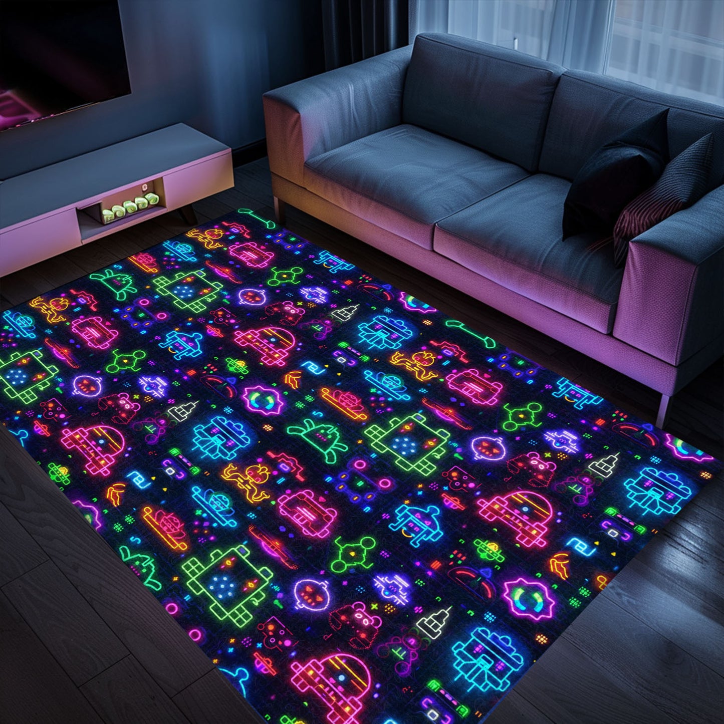Revitalize Your Living Room with the Classic Dark and Neon 80s Arcade NES Game 8bit Area Rug, Arcade Decor, Gift for Gamers, Video Game Lovers G329