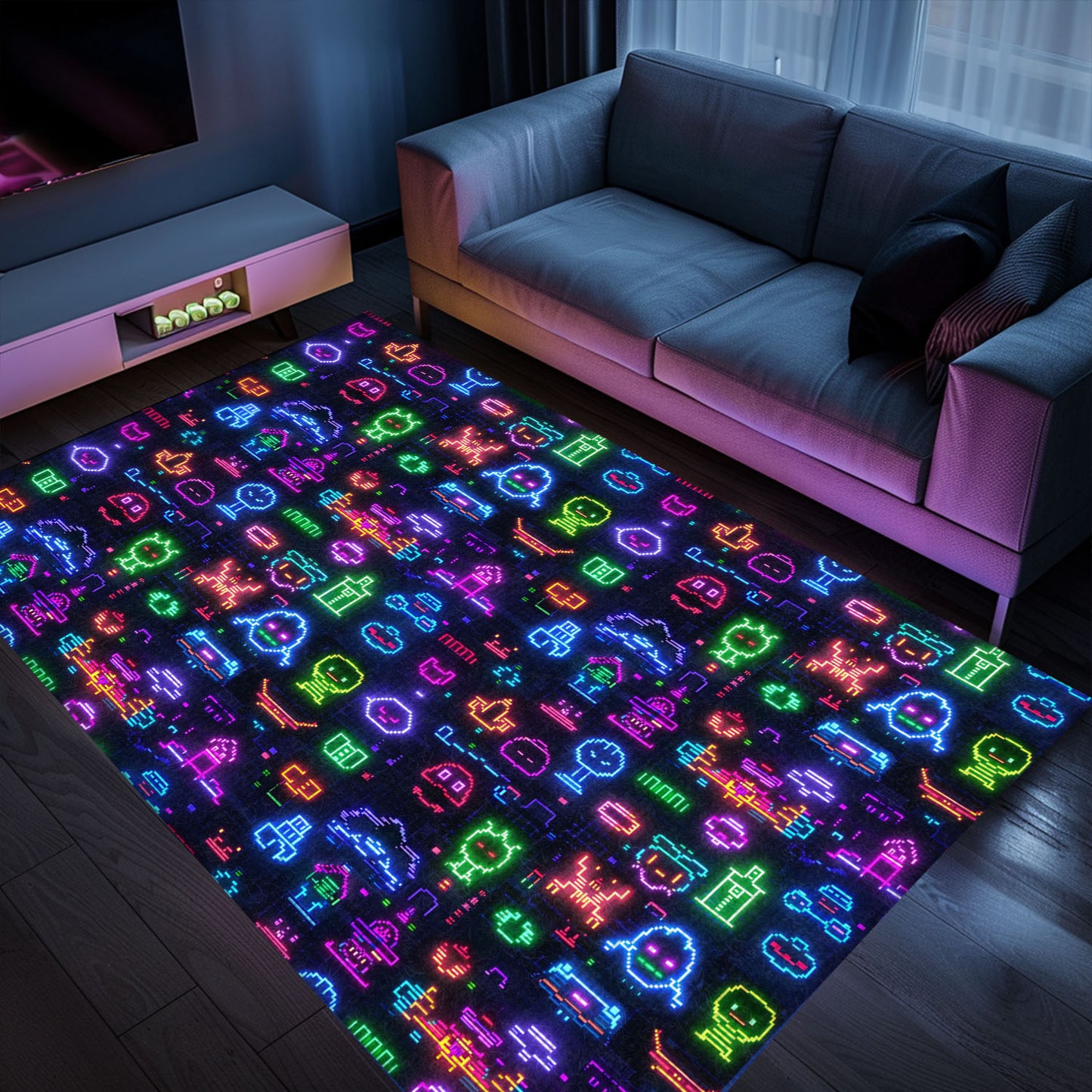 Dark and Neon 80s Arcade NES Game 8bit Rugs: The Perfect Décor for Gaming Enthusiasts, Arcade Decor, Gift for Gamers, Video Game Lovers G338