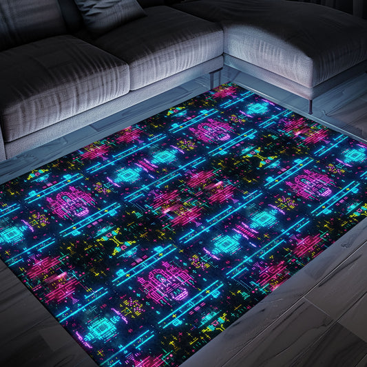 Retro Gaming Delight: Dark and Neon 80s Arcade NES Game 8bit Area Rug for Your Home, Arcade Decor, Gift for Gamers, Video Game Lovers G325
