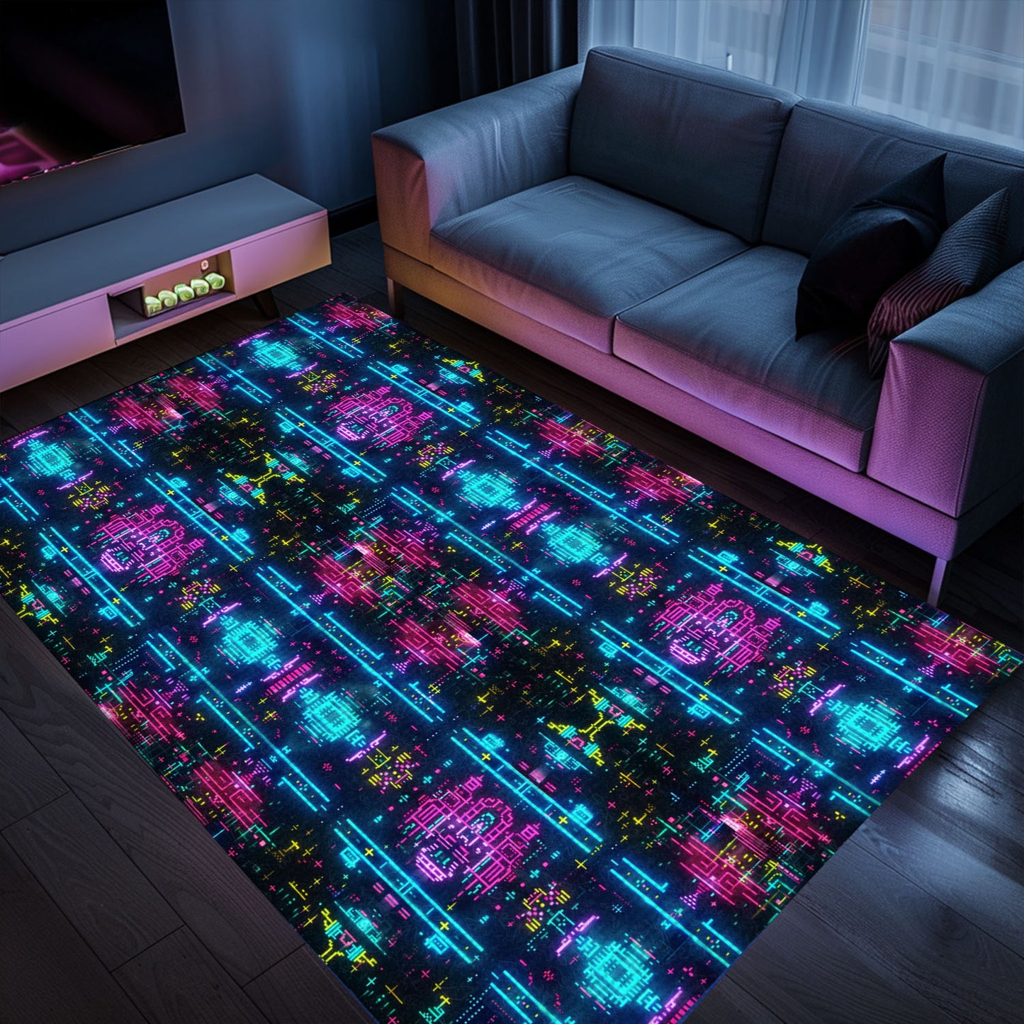 Retro Gaming Delight: Dark and Neon 80s Arcade NES Game 8bit Area Rug for Your Home, Arcade Decor, Gift for Gamers, Video Game Lovers G325