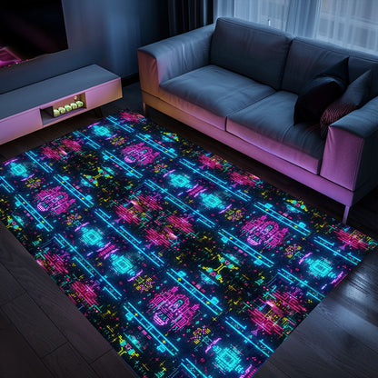 Retro Gaming Delight: Dark and Neon 80s Arcade NES Game 8bit Area Rug for Your Home, Arcade Decor, Gift for Gamers, Video Game Lovers G325