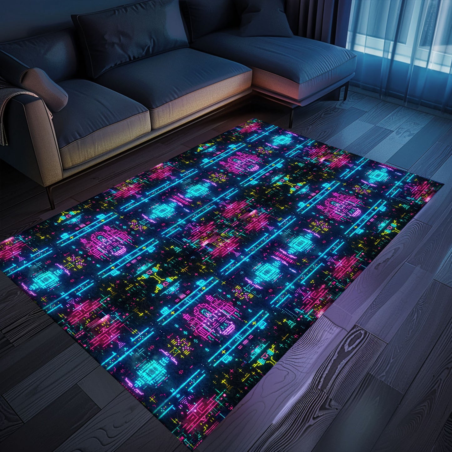 Retro Gaming Delight: Dark and Neon 80s Arcade NES Game 8bit Area Rug for Your Home, Arcade Decor, Gift for Gamers, Video Game Lovers G325