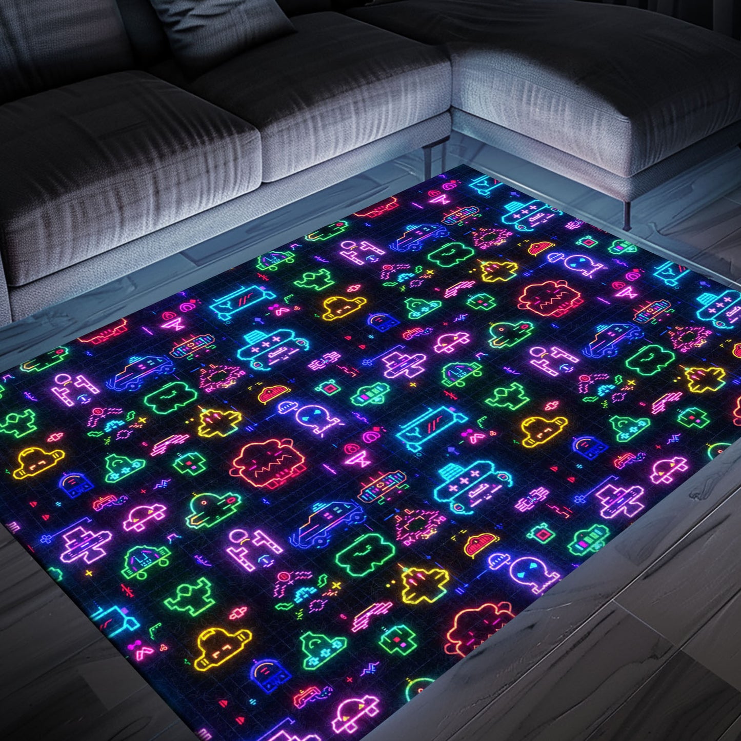 Dark and Neon 80s Arcade NES Game 8bit Area Rug: The Perfect Gift for Gamers of All Ages, Arcade Decor, Gift for Gamers, Video Game Lovers G324
