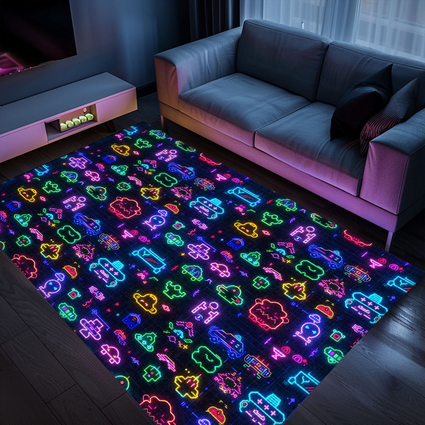 Dark and Neon 80s Arcade NES Game 8bit Area Rug: The Perfect Gift for Gamers of All Ages, Arcade Decor, Gift for Gamers, Video Game Lovers G324