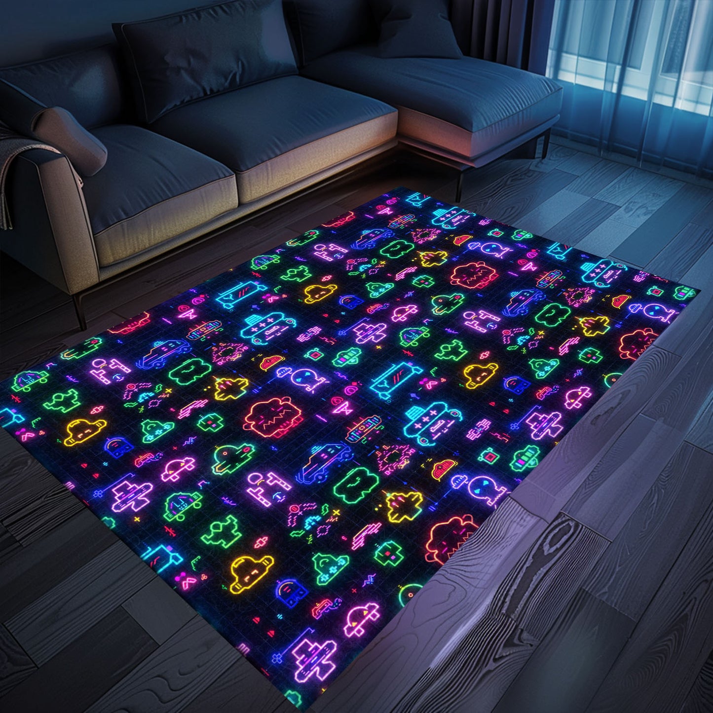 Dark and Neon 80s Arcade NES Game 8bit Area Rug: The Perfect Gift for Gamers of All Ages, Arcade Decor, Gift for Gamers, Video Game Lovers G324