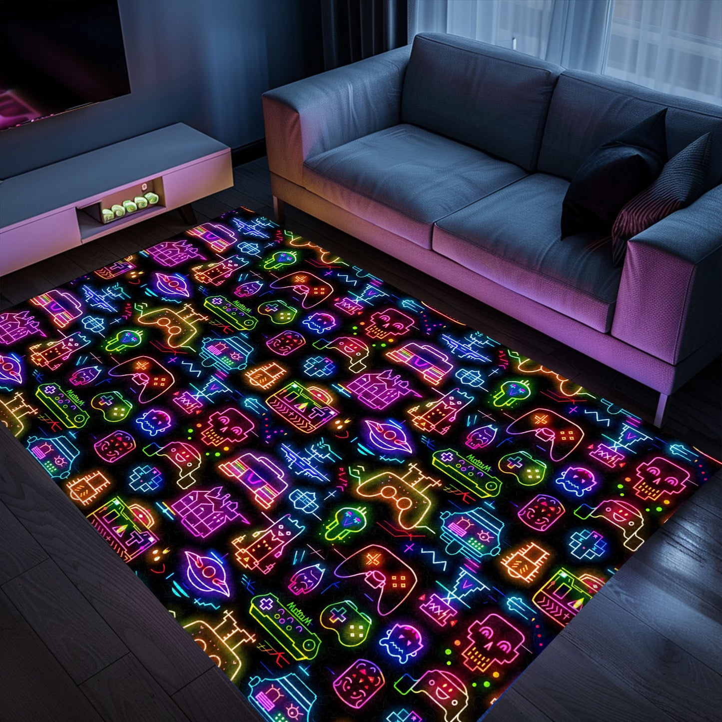 Transform Your Bedroom into a Gaming Haven with Dark and Neon 80s Arcade NES Game 8bit Area Rug, Arcade Decor, Gift for Gamers, Video Game Lovers G323