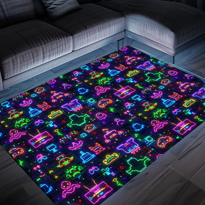 Immerse Yourself in Nostalgia with Dark and Neon 80s Arcade NES Game 8bit Area Rug for Your Living Room, Arcade Decor, Gift for Gamers, Video Game Lovers G321