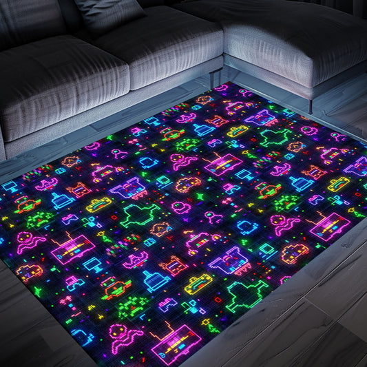 Immerse Yourself in Nostalgia with Dark and Neon 80s Arcade NES Game 8bit Area Rug for Your Living Room, Arcade Decor, Gift for Gamers, Video Game Lovers G321