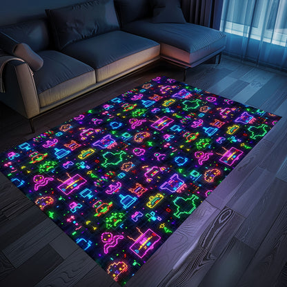 Immerse Yourself in Nostalgia with Dark and Neon 80s Arcade NES Game 8bit Area Rug for Your Living Room, Arcade Decor, Gift for Gamers, Video Game Lovers G321