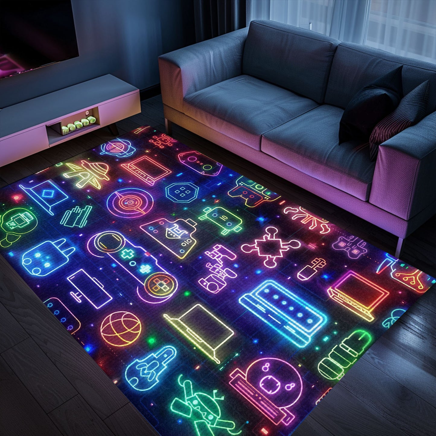 Dark and Neon 80s Arcade NES Game 8bit Area Rug: A Stylish Addition to Any Room, Arcade Decor, Gift for Gamers, Video Game Lovers G318