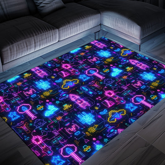 Level Up Your Decor with the Dark and Neon 80s Arcade NES Game 8bit Area Rug, Arcade Decor, Gift for Gamers, Video Game Lovers G317