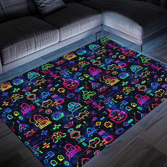 Infuse Your Living Space with Retro Charm Using the Dark and Neon 80s Arcade NES Game 8bit Area Rug, Arcade Decor, Gift for Gamers, Video Game Lovers G315
