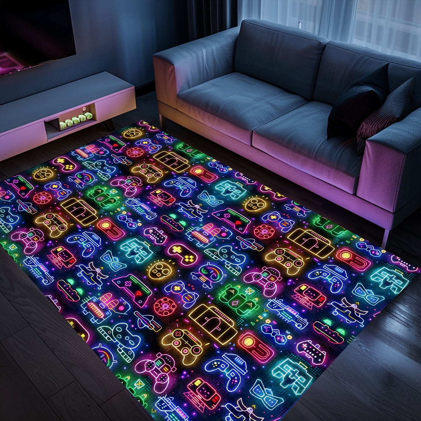Dark and Neon 80s Arcade NES Game 8bit Area Rug: Redefining Home Entertainment, Arcade Decor, Gift for Gamers, Video Game Lovers G313