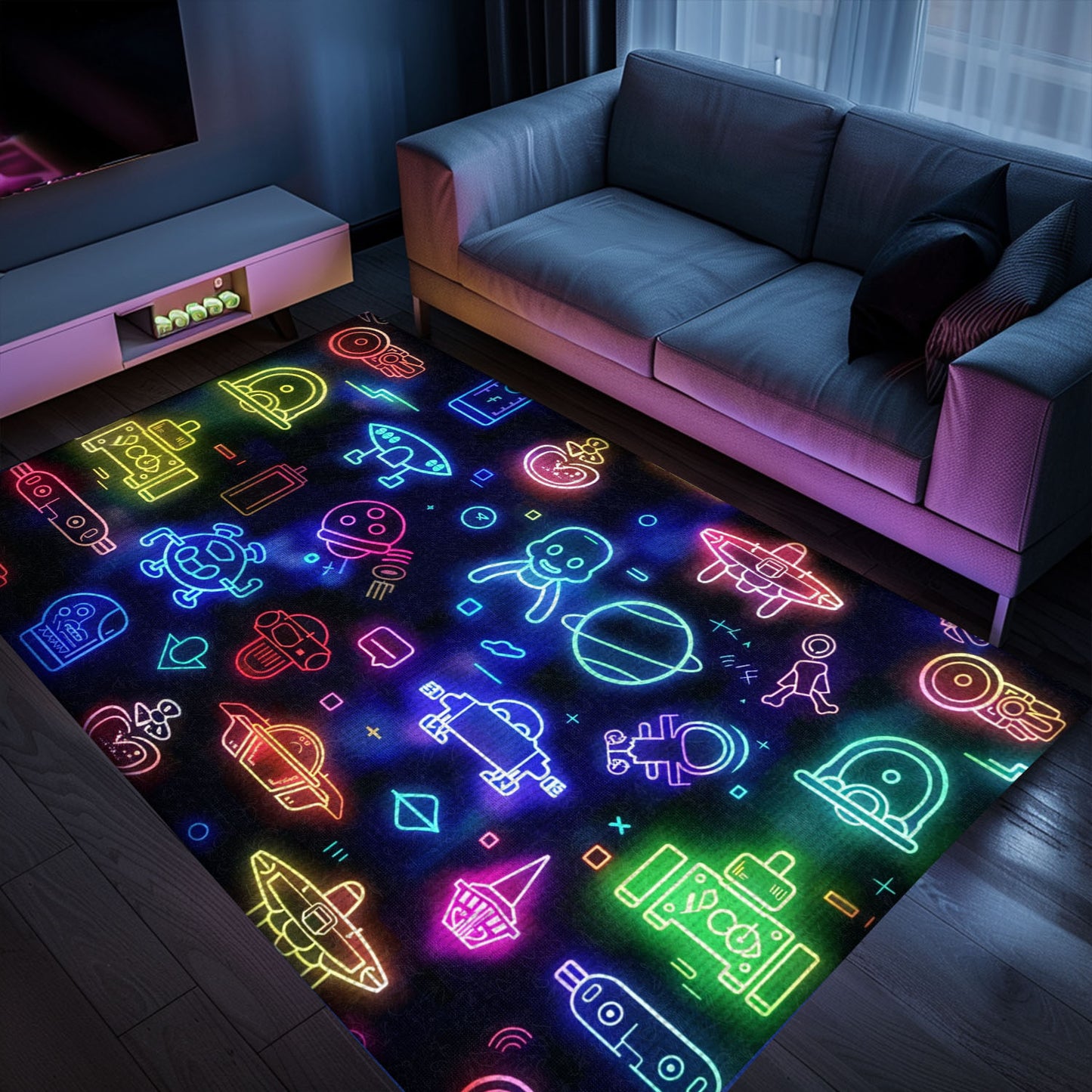 Dark and Neon 80s Arcade NES Game 8bit Area Rug: Enhancing Your Gaming Experience, Arcade Decor, Gift for Gamers, Video Game Lovers G312