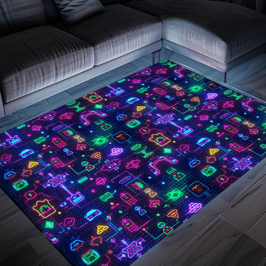Dive into Retro Gaming Bliss with the Dark and Neon 80s Arcade NES Game 8bit Area Rug, Arcade Decor, Gift for Gamers, Video Game Lovers G311