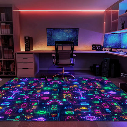 Dive into Retro Gaming Bliss with the Dark and Neon 80s Arcade NES Game 8bit Area Rug, Arcade Decor, Gift for Gamers, Video Game Lovers G311
