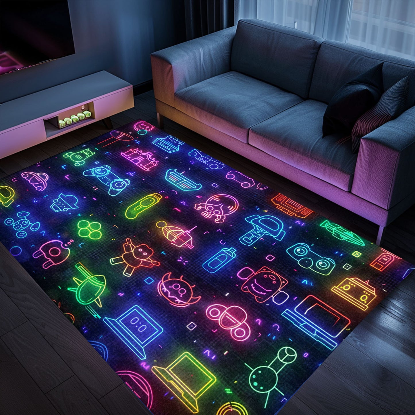 Spruce Up Your Gaming Den with the Dark and Neon 80s Arcade NES Game 8bit Area Rug, Arcade Decor, Gift for Gamers, Video Game Lovers G310