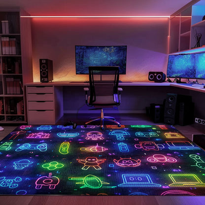 Spruce Up Your Gaming Den with the Dark and Neon 80s Arcade NES Game 8bit Area Rug, Arcade Decor, Gift for Gamers, Video Game Lovers G310