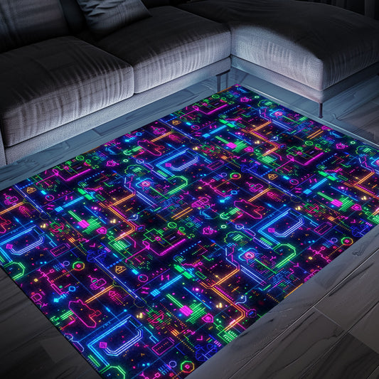 Step Into the World of Classic Gaming with the Dark and Neon 80s Arcade NES Game 8bit Area Rug, Arcade Decor, Gift for Gamers, Video Game Lovers G309