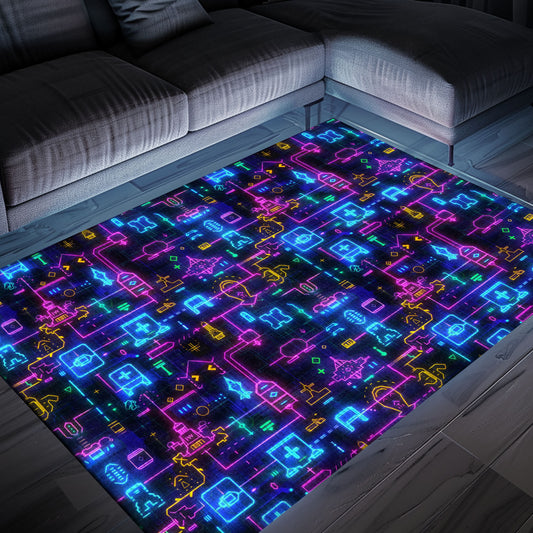 Dark and Neon 80s Arcade NES Game 8bit Area Rug: The Ultimate Statement Piece for Gamers, Arcade Decor, Gift for Gamers, Video Game Lovers G316
