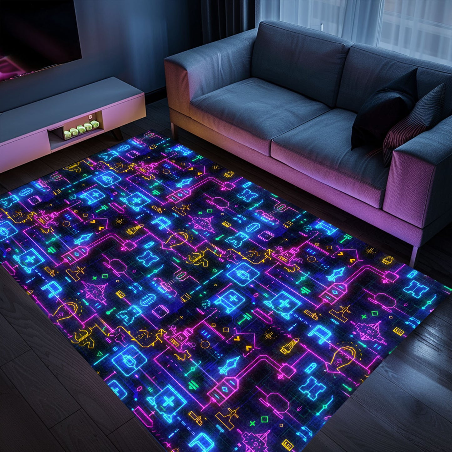 Dark and Neon 80s Arcade NES Game 8bit Area Rug: The Ultimate Statement Piece for Gamers, Arcade Decor, Gift for Gamers, Video Game Lovers G316