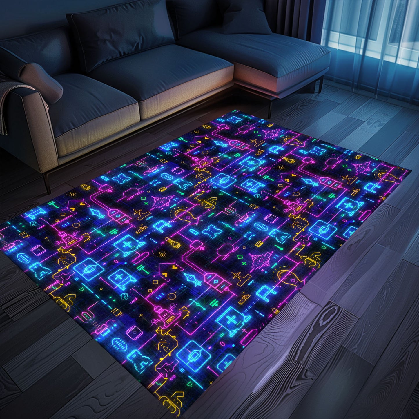 Dark and Neon 80s Arcade NES Game 8bit Area Rug: The Ultimate Statement Piece for Gamers, Arcade Decor, Gift for Gamers, Video Game Lovers G316