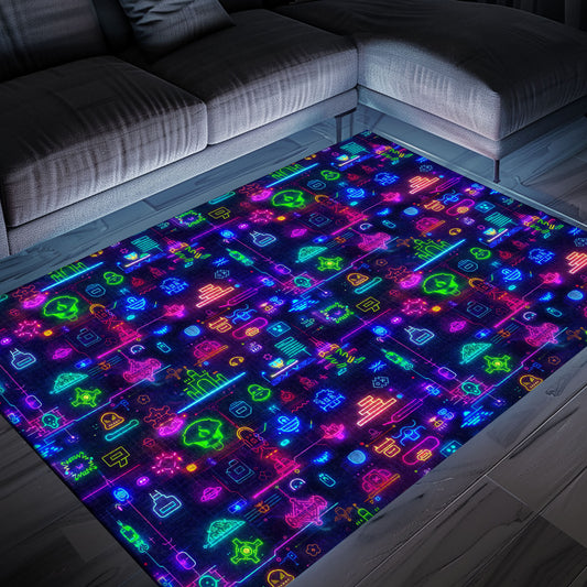 Dark and Neon 80s Arcade NES Game 8bit Area Rug: The Perfect Gift for Gamers, Arcade Decor, Gift for Gamers, Video Game Lovers G304