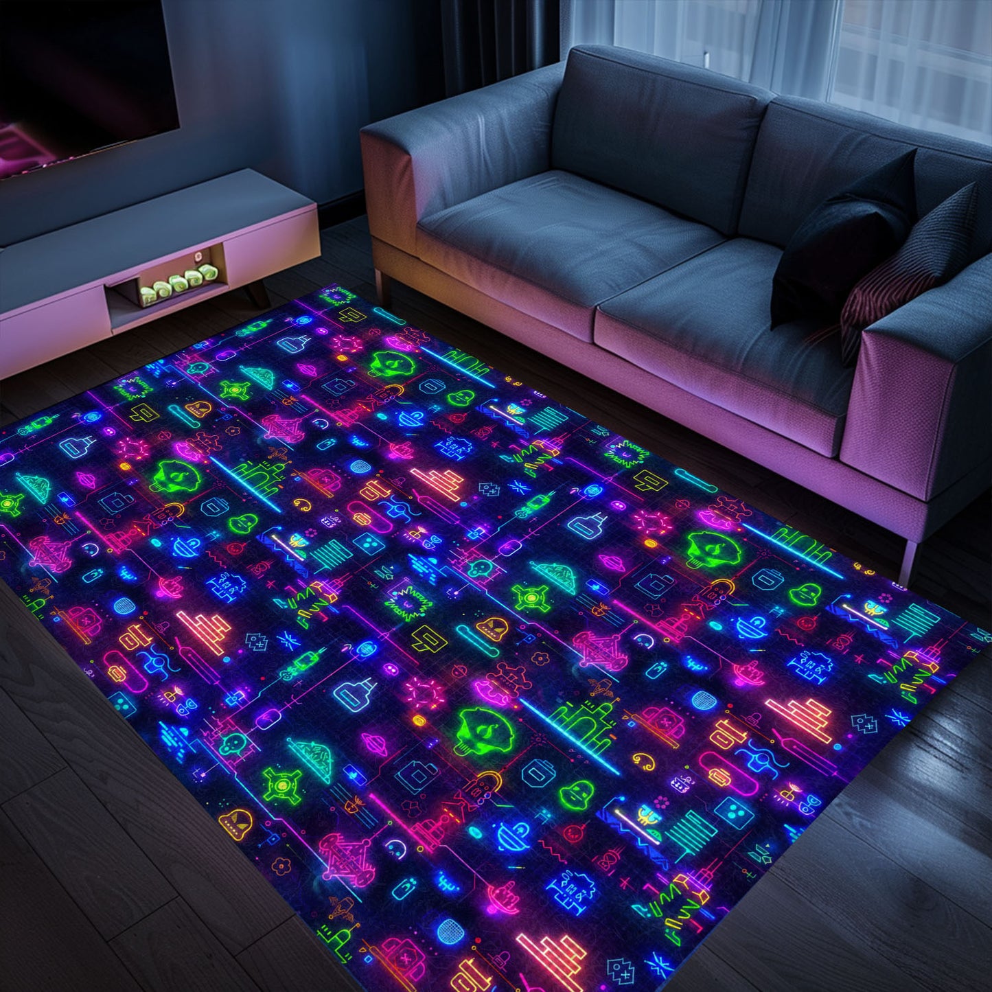 Dark and Neon 80s Arcade NES Game 8bit Area Rug: The Perfect Gift for Gamers, Arcade Decor, Gift for Gamers, Video Game Lovers G304