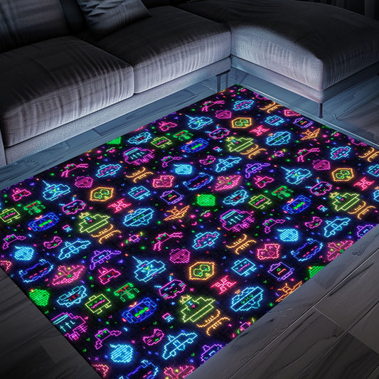 Immerse Yourself in Retro Gaming Culture with the Dark and Neon 80s Arcade NES Game 8bit Area Rug, Arcade Decor, Gift for Gamers, Video Game Lovers G305