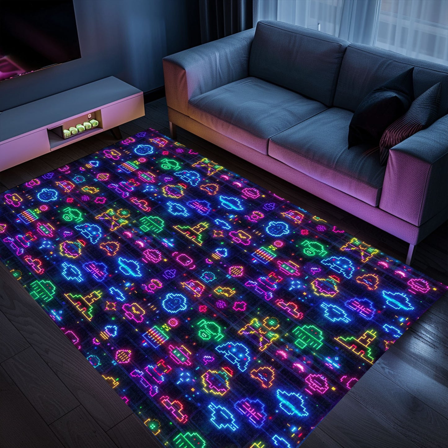 The Ultimate Arcade Decor: Dark and Neon 80s Arcade NES Game 8bit Area Rug, Arcade Decor, Gift for Gamers, Video Game Lovers G303