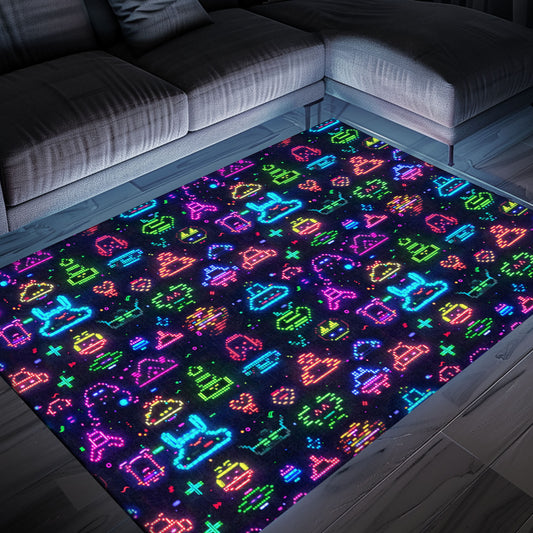 Transform Your Living Space with a Dark and Neon 80s Arcade NES Game 8bit Area Rug, Arcade Decor, Gift for Gamers, Video Game Lovers G301