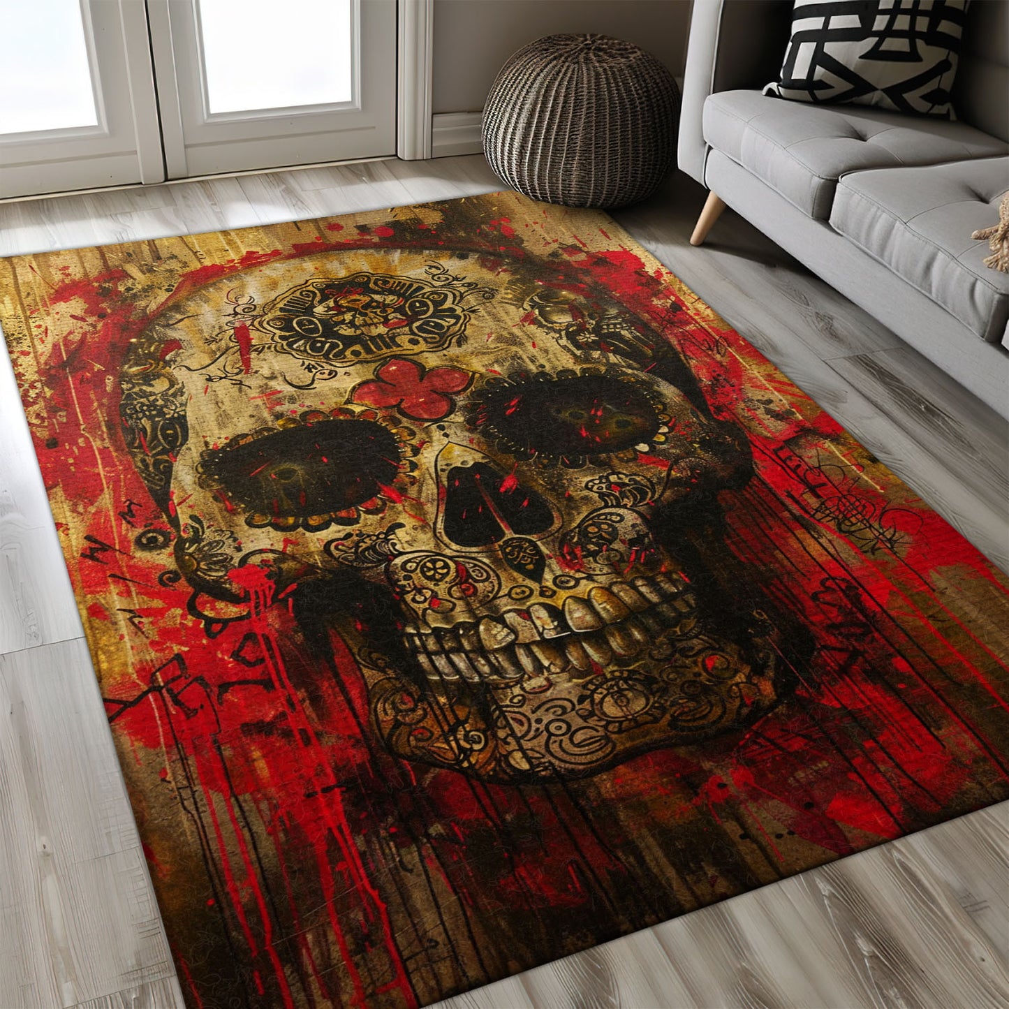 Personalized Day of the Dead Skulls Theme Rug: Traditional Touch for Your Home, Skull Rug, Area Rugs 5x8, 4x6, 3x5 Size for Living Room Bedroom Home Decorative Skull K56