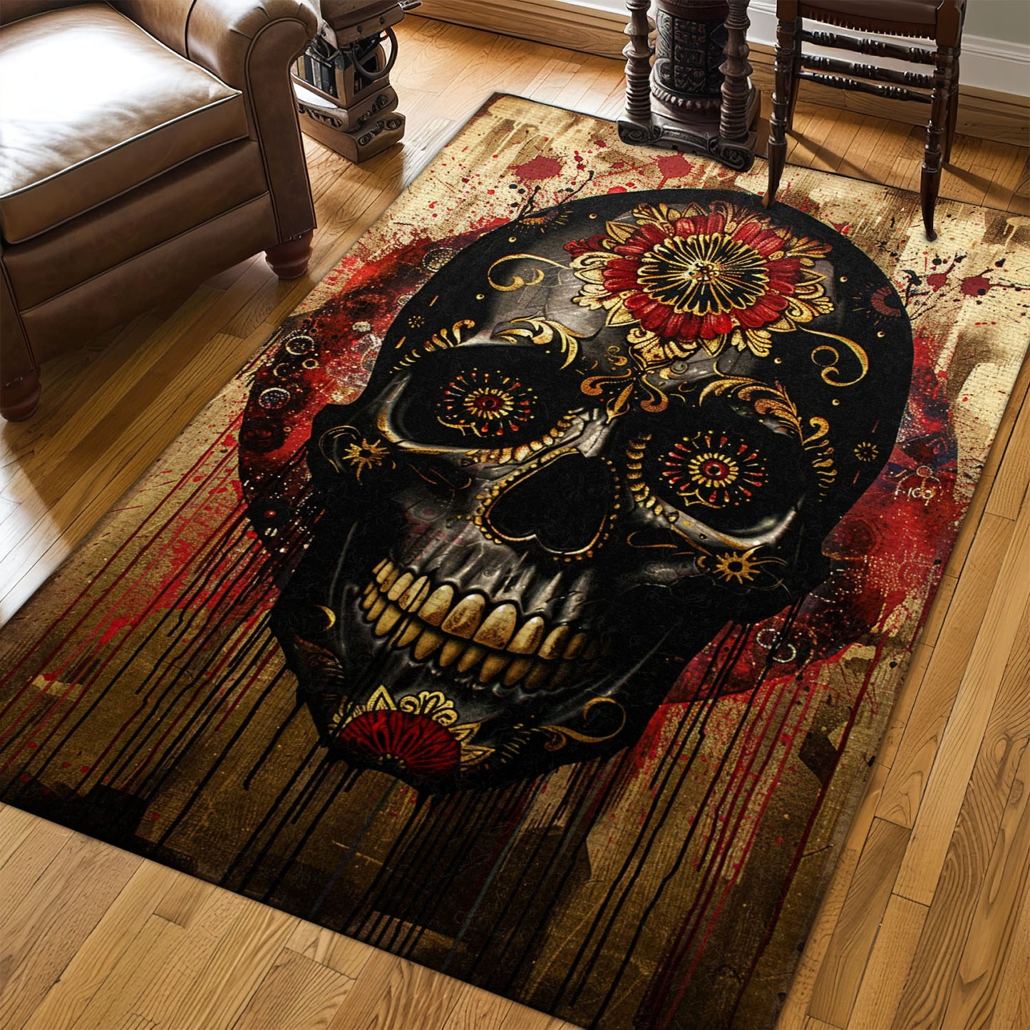 Personalized Vibrant Sugar Skull Batik Design Rug: Elevate Your Living Space with Style, Skull Rug, Area Rugs 5x8, 4x6, 3x5 Size for Living Room Bedroom Home Decorative Skull K55