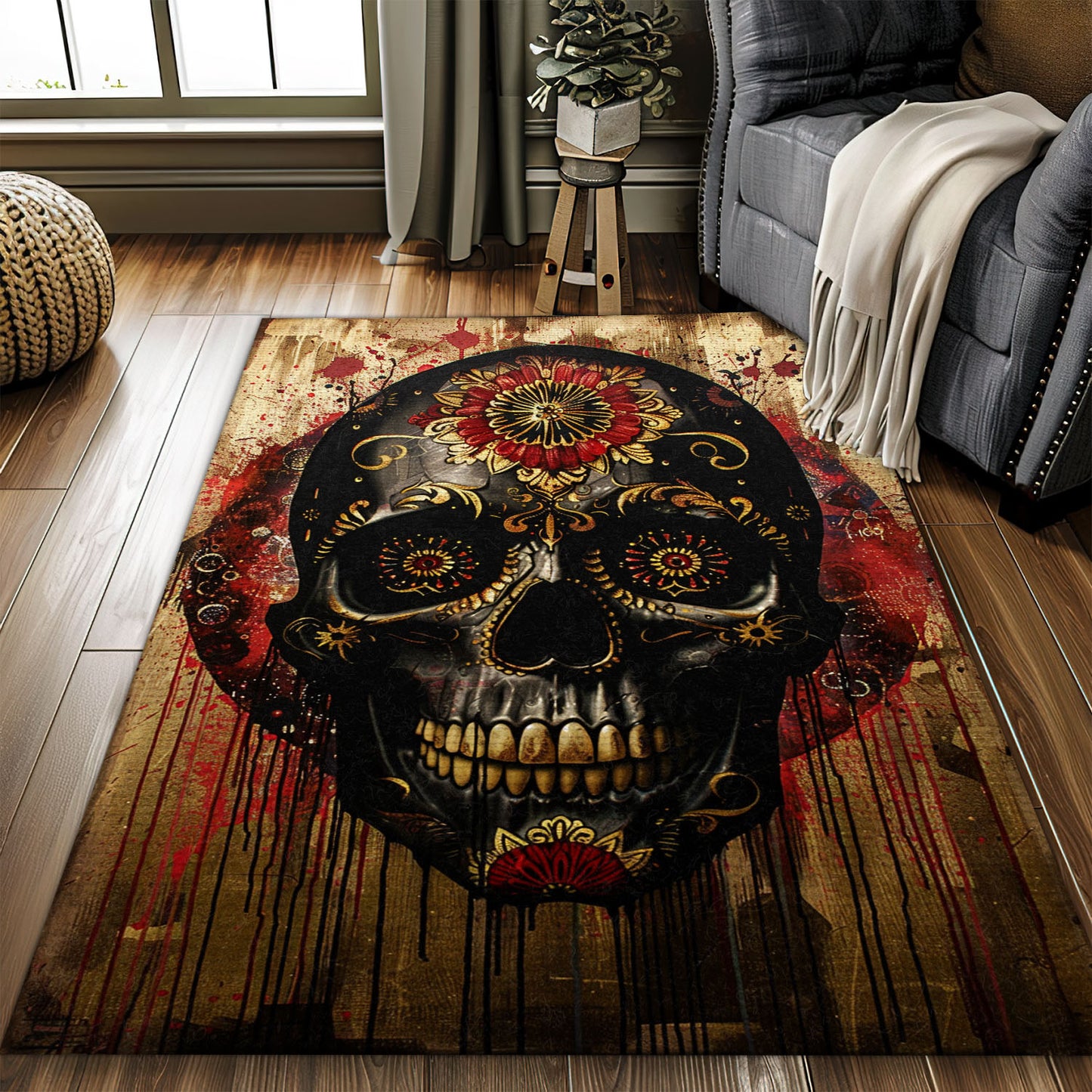 Personalized Vibrant Sugar Skull Batik Design Rug: Elevate Your Living Space with Style, Skull Rug, Area Rugs 5x8, 4x6, 3x5 Size for Living Room Bedroom Home Decorative Skull K55