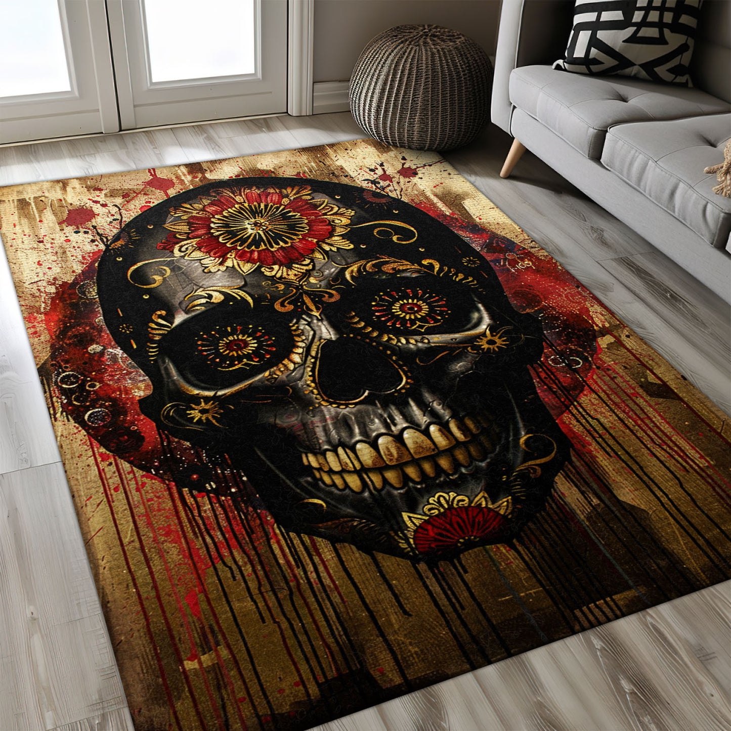 Personalized Vibrant Sugar Skull Batik Design Rug: Elevate Your Living Space with Style, Skull Rug, Area Rugs 5x8, 4x6, 3x5 Size for Living Room Bedroom Home Decorative Skull K55