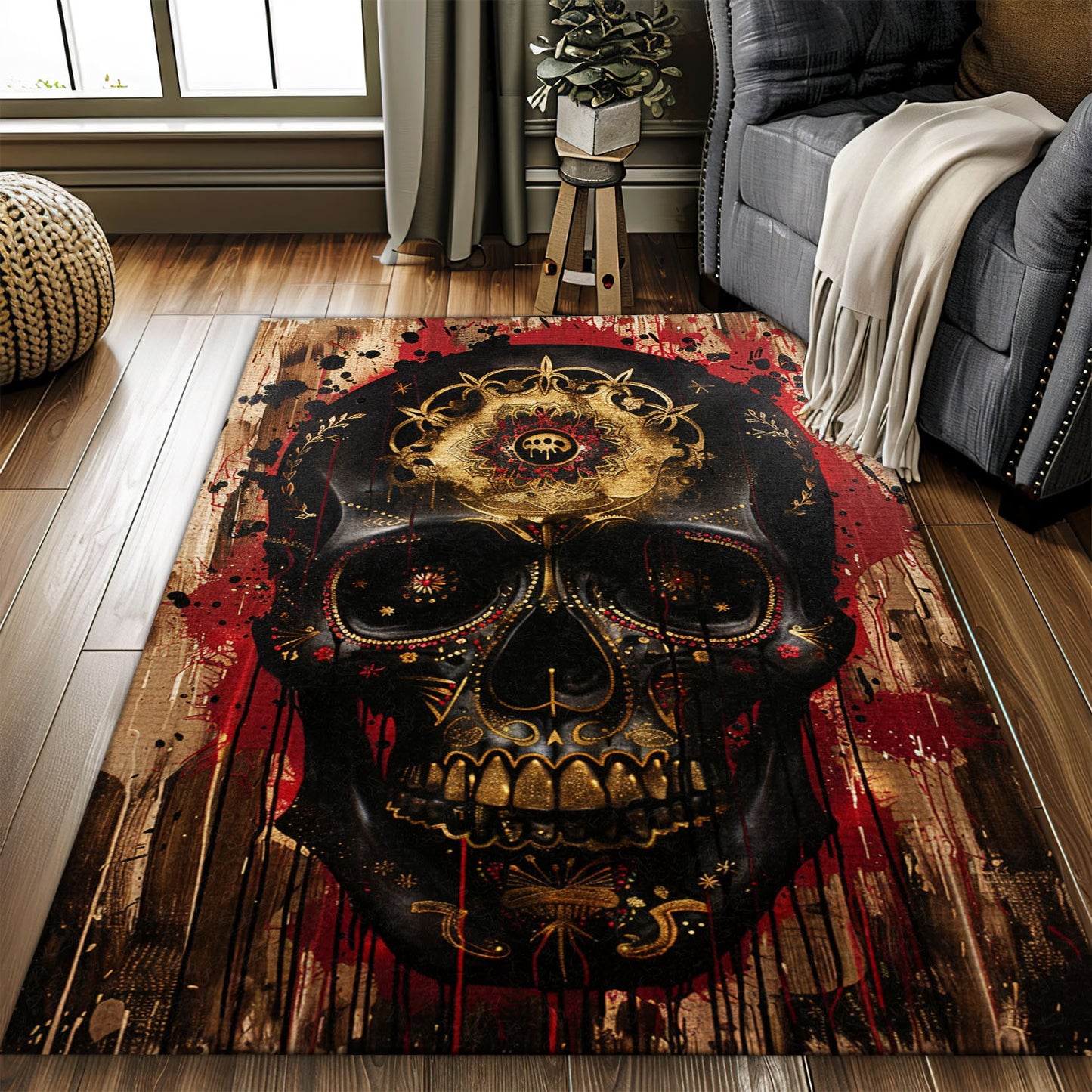 Personalized Batik Sugar Skull Inspired Carpet: Artistic Flair for Your Floors, Skull Rug, Area Rugs 5x8, 4x6, 3x5 Size for Living Room Bedroom Home Decorative Skull K53