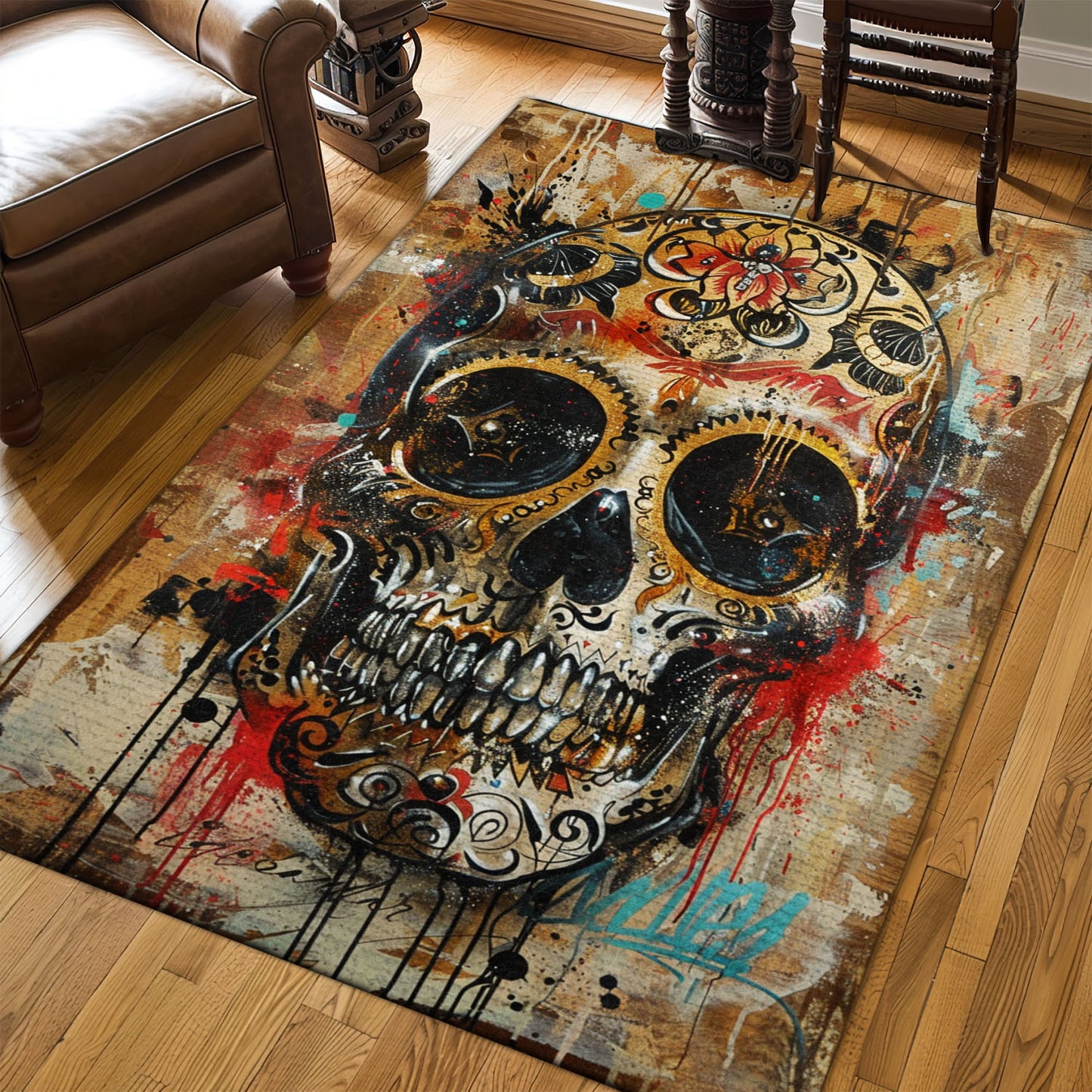 Personalized Colorful Mexican Dia de los Muertos Rug: Dramatic Touch for Your Space, Skull Rug, Area Rugs 5x8, 4x6, 3x5 Size for Living Room Bedroom Home Decorative Skull K52