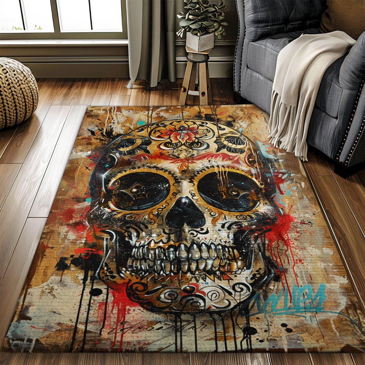 Personalized Colorful Mexican Dia de los Muertos Rug: Dramatic Touch for Your Space, Skull Rug, Area Rugs 5x8, 4x6, 3x5 Size for Living Room Bedroom Home Decorative Skull K52